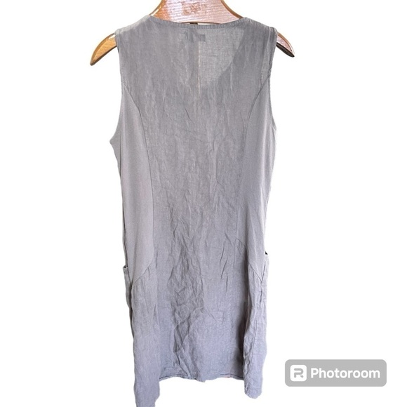 LINA TOMEI ~ Grey Linen Dress With Metallic Neckline Beading and Cotton Panels - Picture 8 of 10